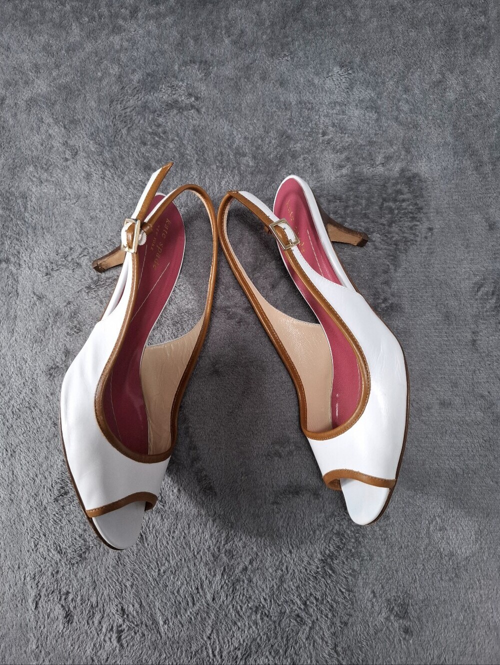 kate spade White Peep-Toe Slingback Heels with Tan Trim and Pink Insole Sz 8.5 - Picture 10 of 14